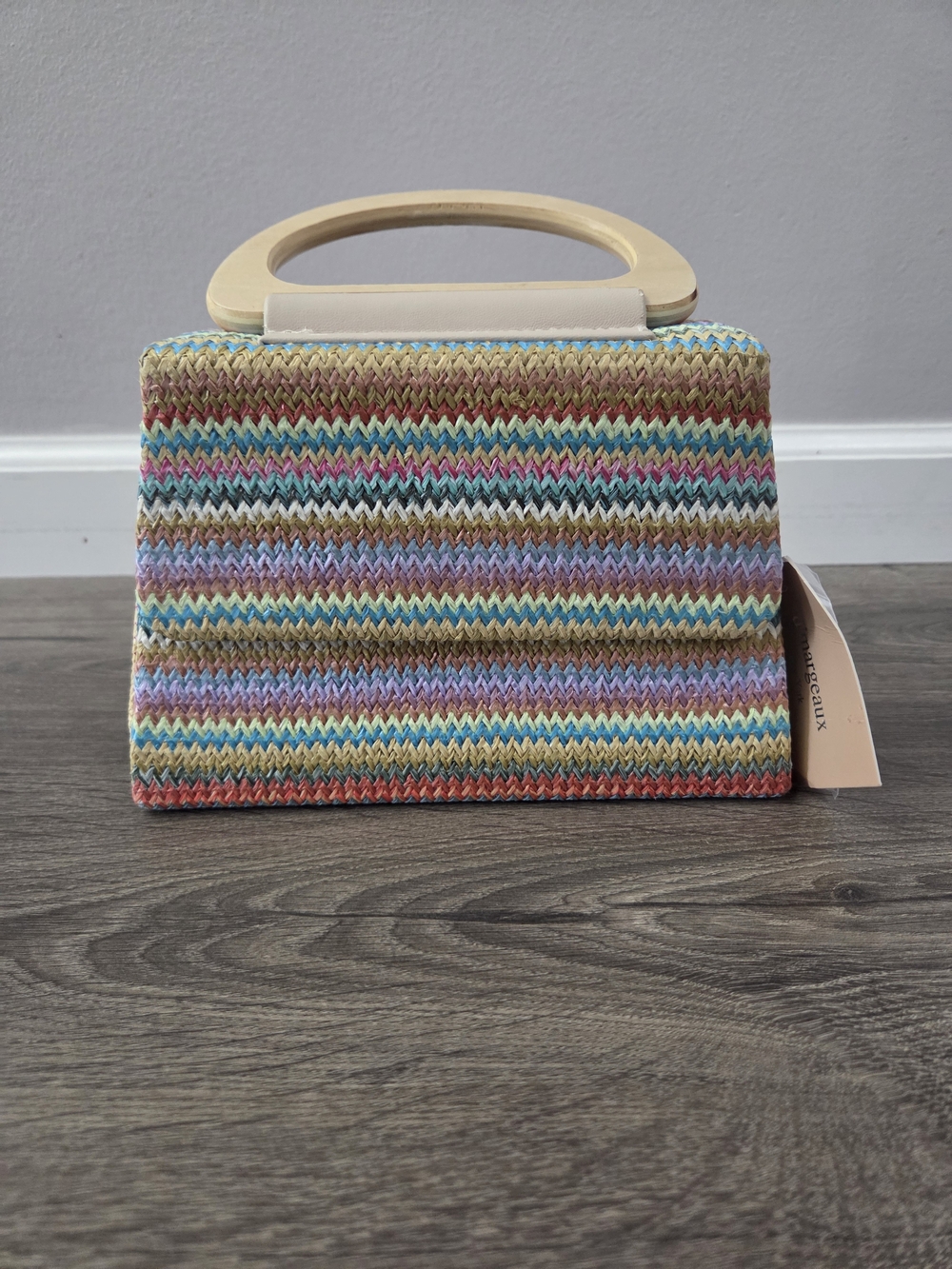 Multicolor Woven Bag With Wooden Top Handle NEW